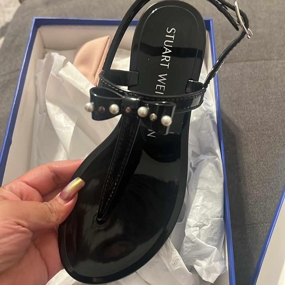 Stuart Weitzman Imitation Pearl Bow Jelly Sandal in Black NEW size 5